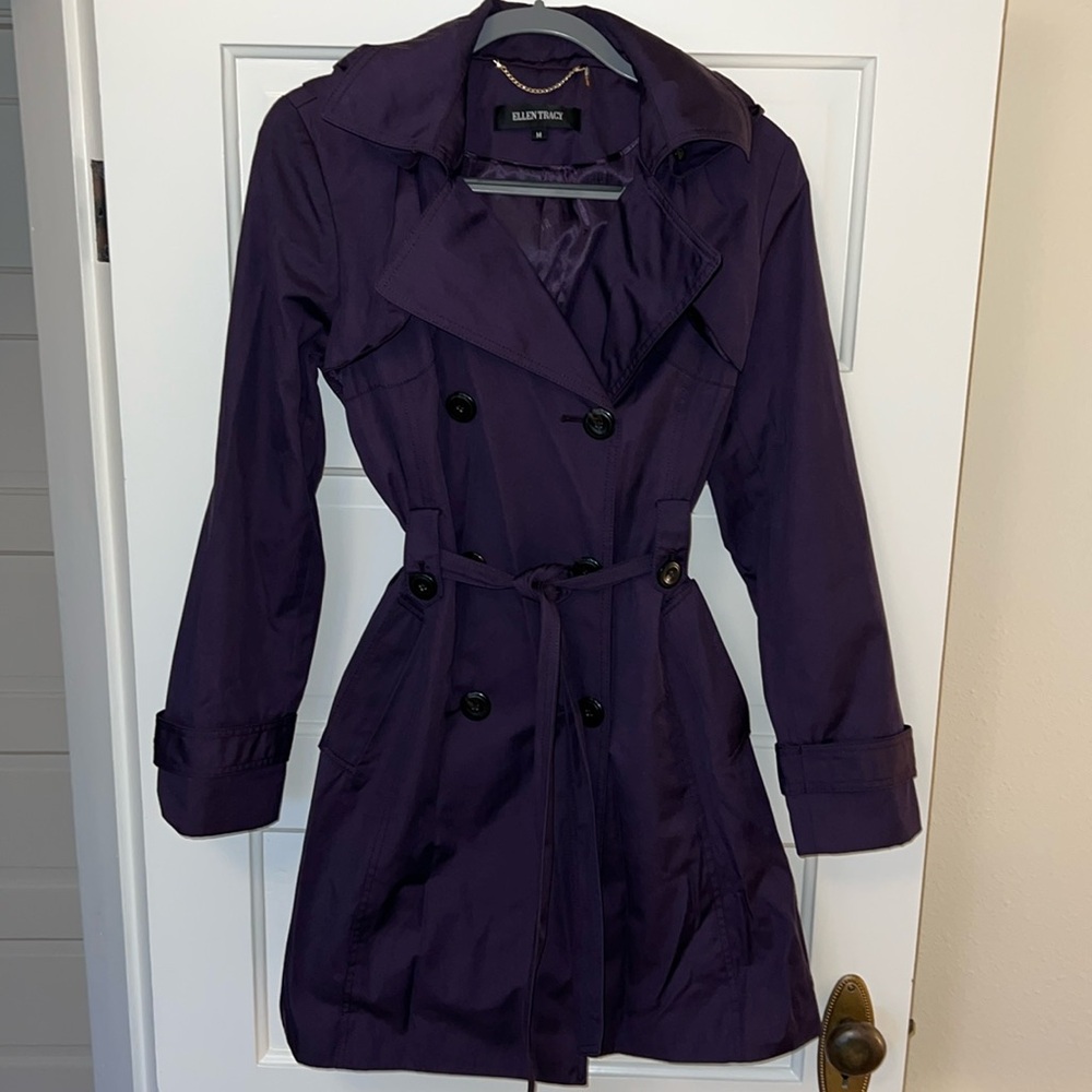 Ellen Tracy Eggplant Hooded Trench Rain Jacket